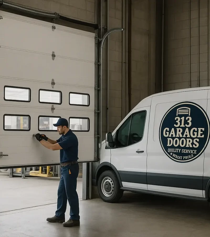 On-Site Commercial Garage Door Repair by 313 Garage Doors Technician repairing a commercial garage door beside a white service van branded with the 313 Garage Doors logo.