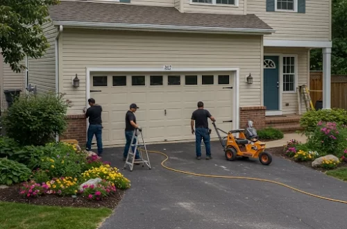 New Garage Door Installation – Residential Garage door installers working on a new dark brown carriage-style garage door on a beige residential home in Metro Detroit.