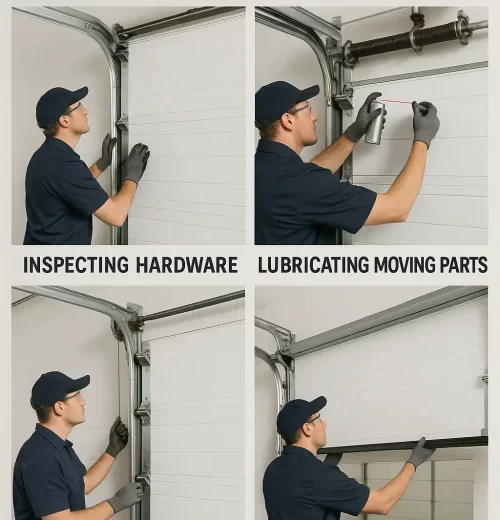Essential Commercial Garage Door Maintenance Procedures A 2x2 grid of photos showing a technician performing commercial garage door maintenance: inspecting hardware, lubricating moving parts, checking lift cables, and testing door balance.